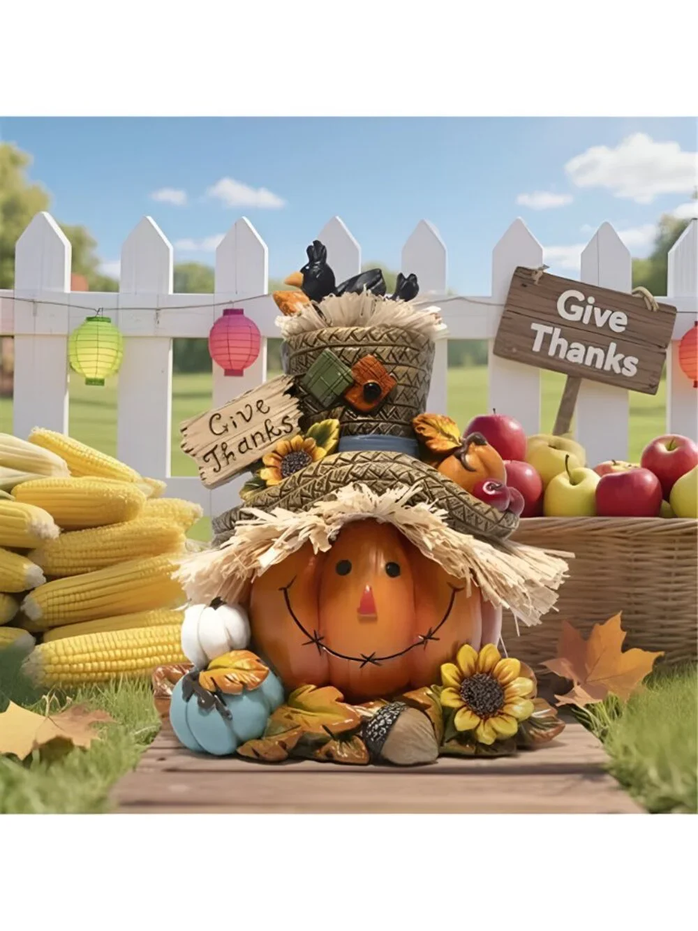 Hodao Pumpkin Figurine with Give Thanks Sign, Thanksgiving Decorations